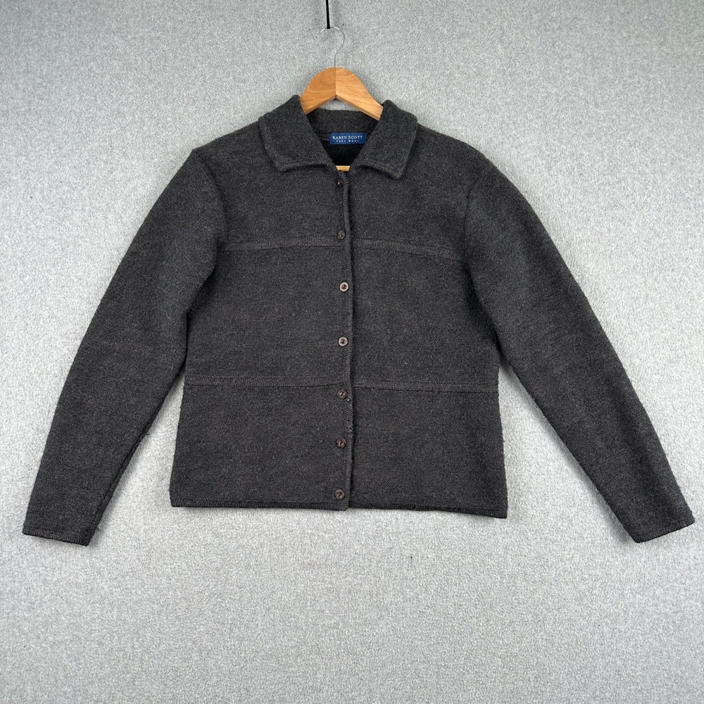 Karen Scott Sweater Womens S Gray 100% Wool Button Up Cardigan Collared